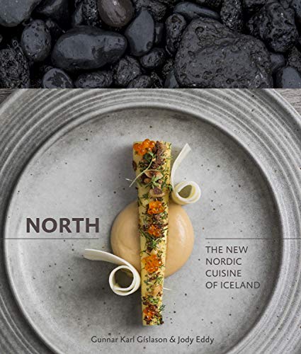 Cookbook cover featuring plated Icelandic cuisine with black volcanic rock.