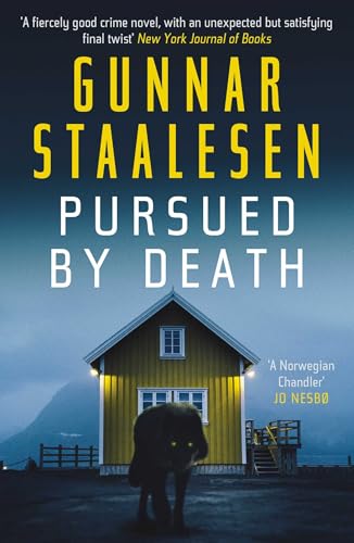 Book cover for Pursued by Death showing a dark wolf before a yellow house.