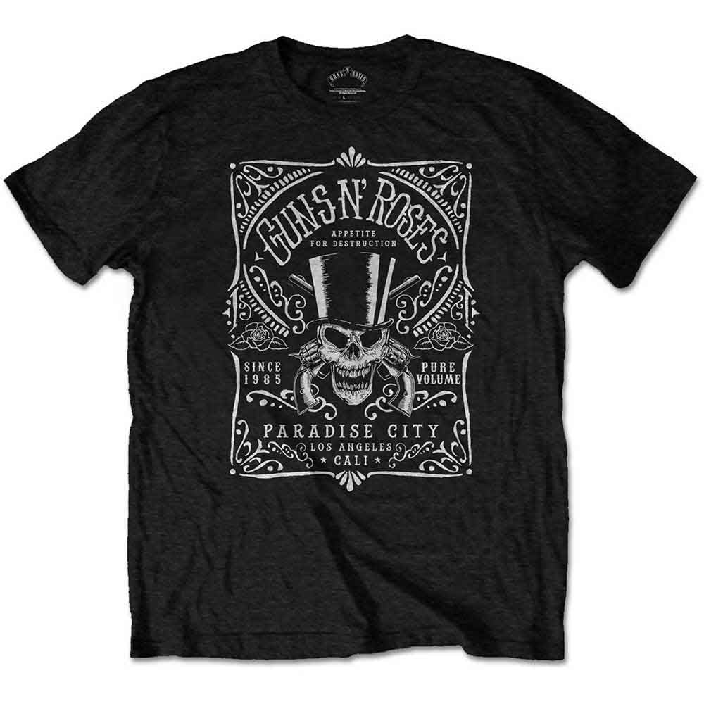 Black t-shirt with white Guns N' Roses skull and bourbon label graphic.