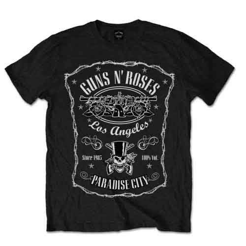 Black t-shirt with white Guns N' Roses "Paradise City" label graphic.