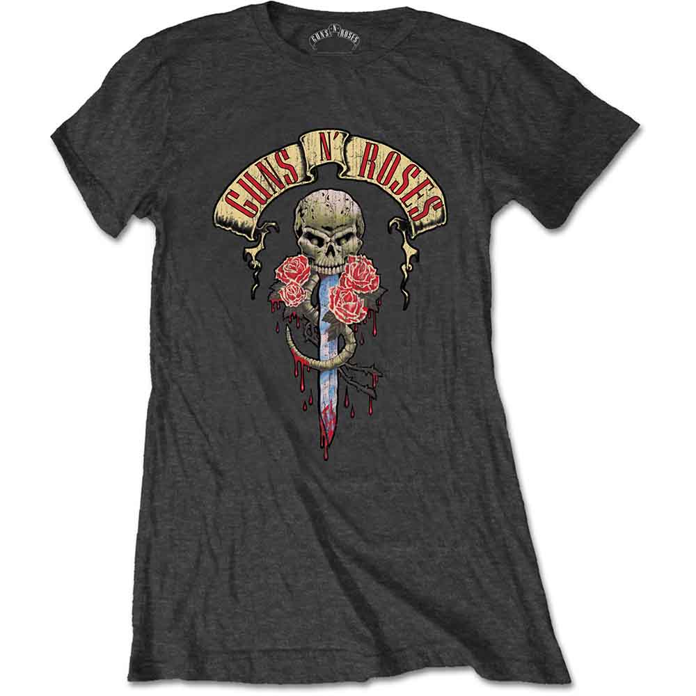 Dark grey t-shirt with Guns N' Roses skull and roses graphic.