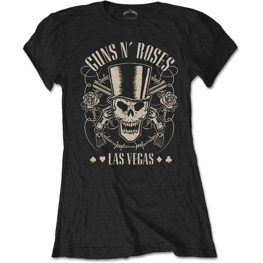 Black women's t-shirt with Guns N' Roses skull and roses graphic.