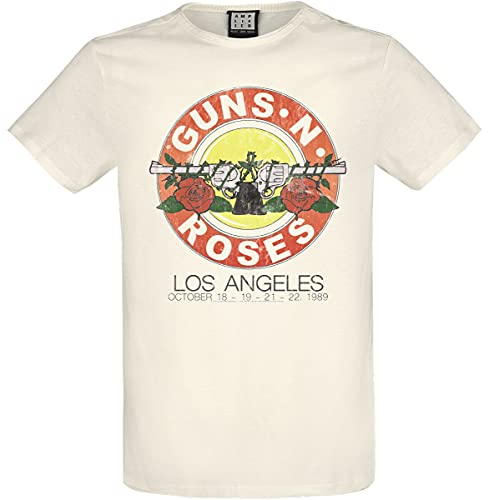 Off-white Guns N' Roses t-shirt with vintage bullet graphic, modeled.