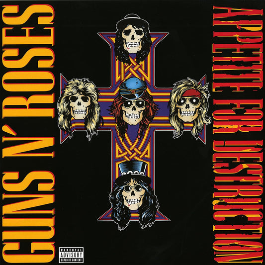 Guns N' Roses “Appetite For Destruction” vinyl album cover with skull imagery.