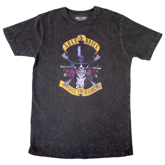 Black washed t-shirt with Guns N' Roses skull and roses graphic.