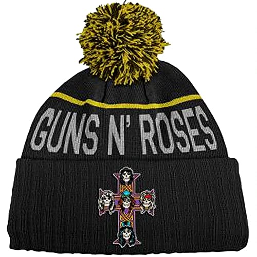 Black Guns N' Roses beanie hat with yellow bobble and cross logo.