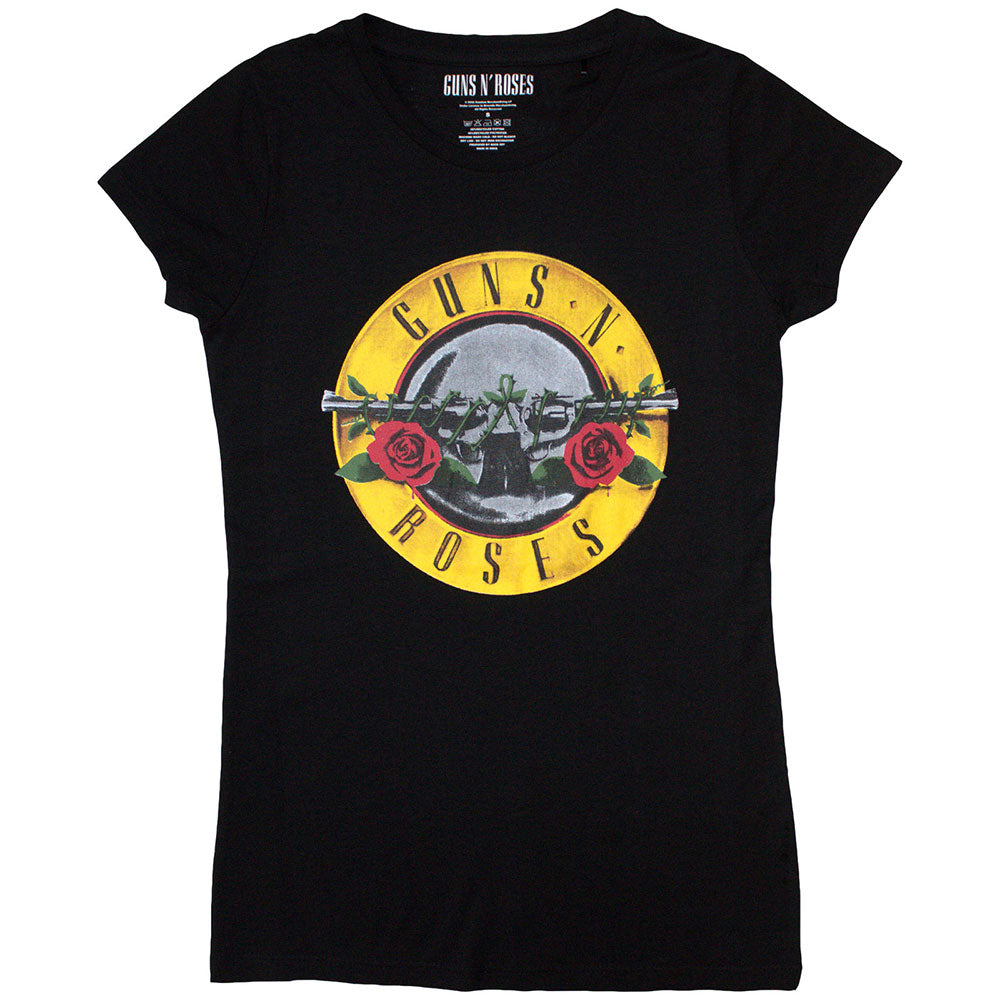 Black skinny-fit t-shirt with Guns N' Roses bullet logo design.