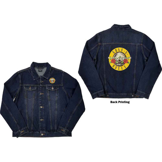 Man wearing a blue denim jacket with a band logo patch.