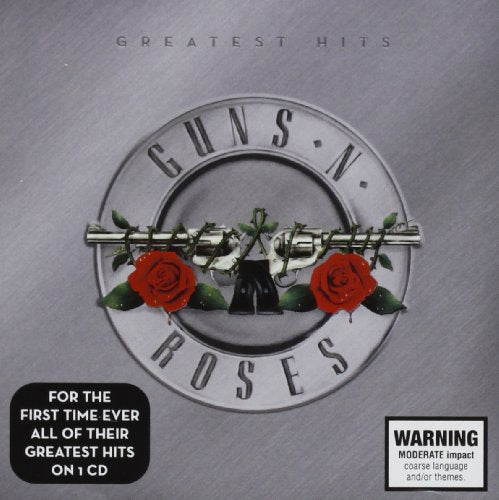 Guns N' Roses "Greatest Hits" CD cover with roses and crossed guns.