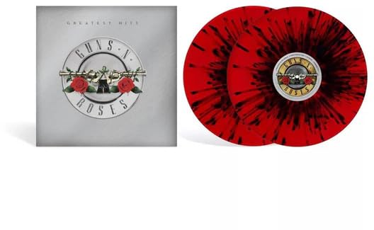 Guns N' Roses Greatest Hits vinyl record with red and black swirl pattern.