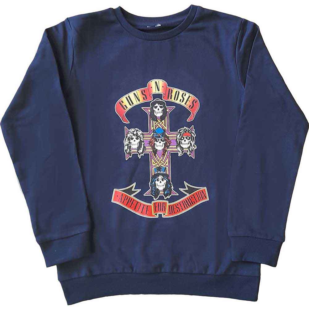 Black sweatshirt with a colorful Guns N’ Roses skull and cross design.