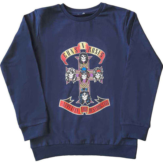 Black sweatshirt with a colorful Guns N’ Roses skull and cross design.