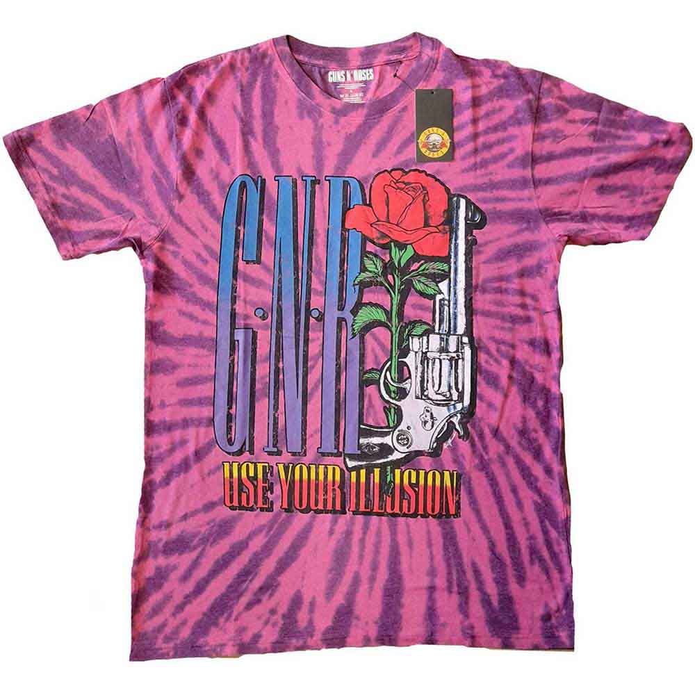 Purple tie-dye t-shirt with Guns N' Roses logo, rose, and pistol graphic.