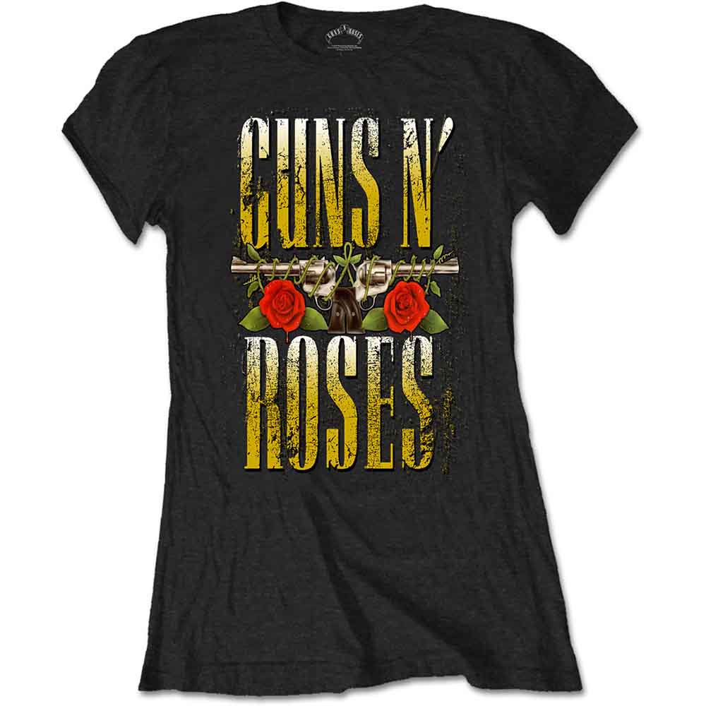 Black women's t-shirt with Guns N' Roses logo, roses, and pistols.