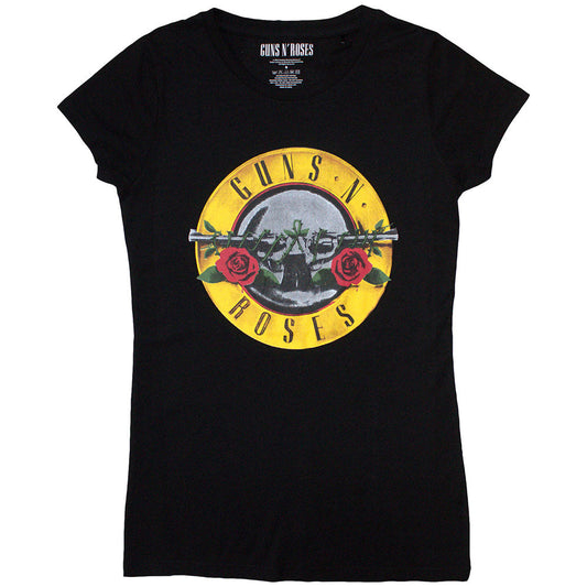 Black skinny-fit t-shirt with Guns N' Roses bullet logo design.
