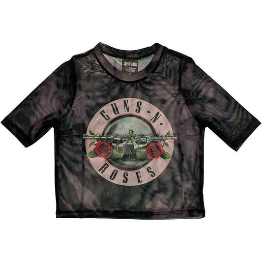 Pink mesh crop top with Guns N' Roses bullet logo, size X-Large.