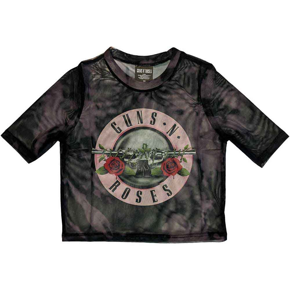 Pink mesh crop top with Guns N' Roses bullet logo, size X-Large.