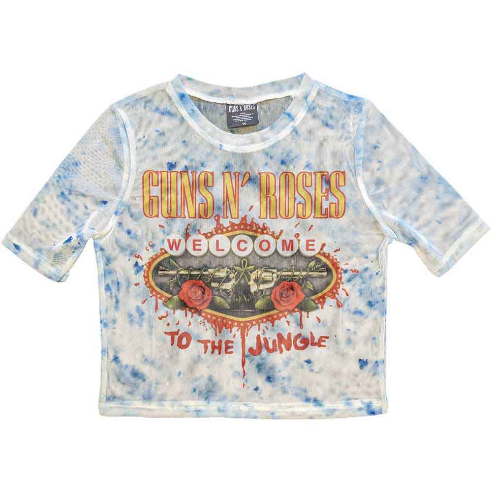 Black mesh crop top with Guns N' Roses “Welcome To The Jungle” logo.
