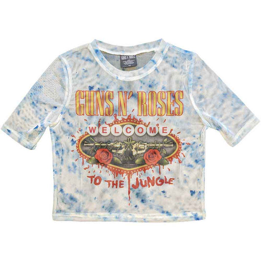 Black mesh crop top with Guns N' Roses “Welcome To The Jungle” logo.