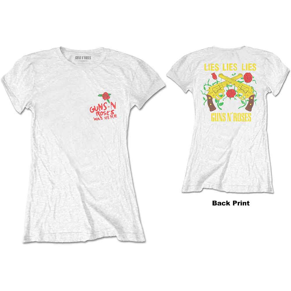 White Guns N' Roses t-shirt with roses and guns graphic print.