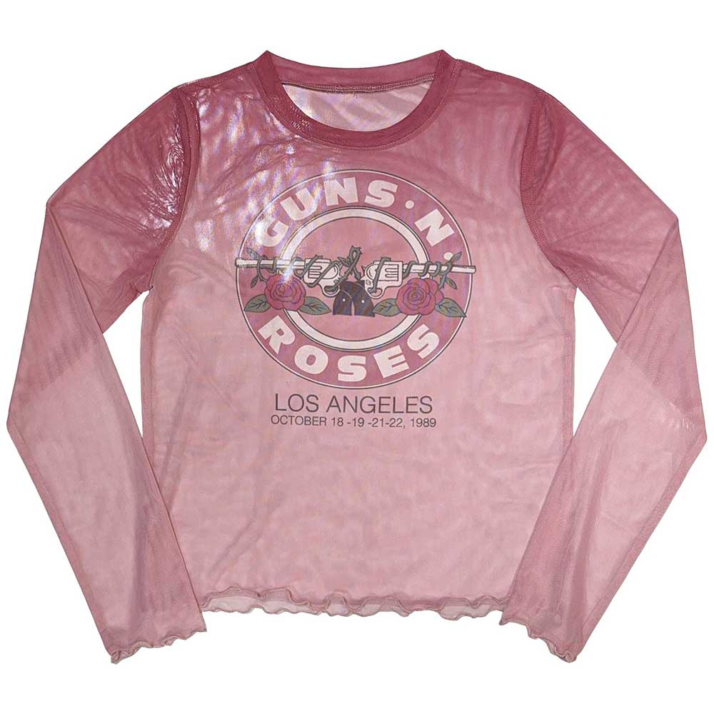 Long sleeve black t-shirt with Guns N' Roses “Bullet Seal” mesh design, size small.