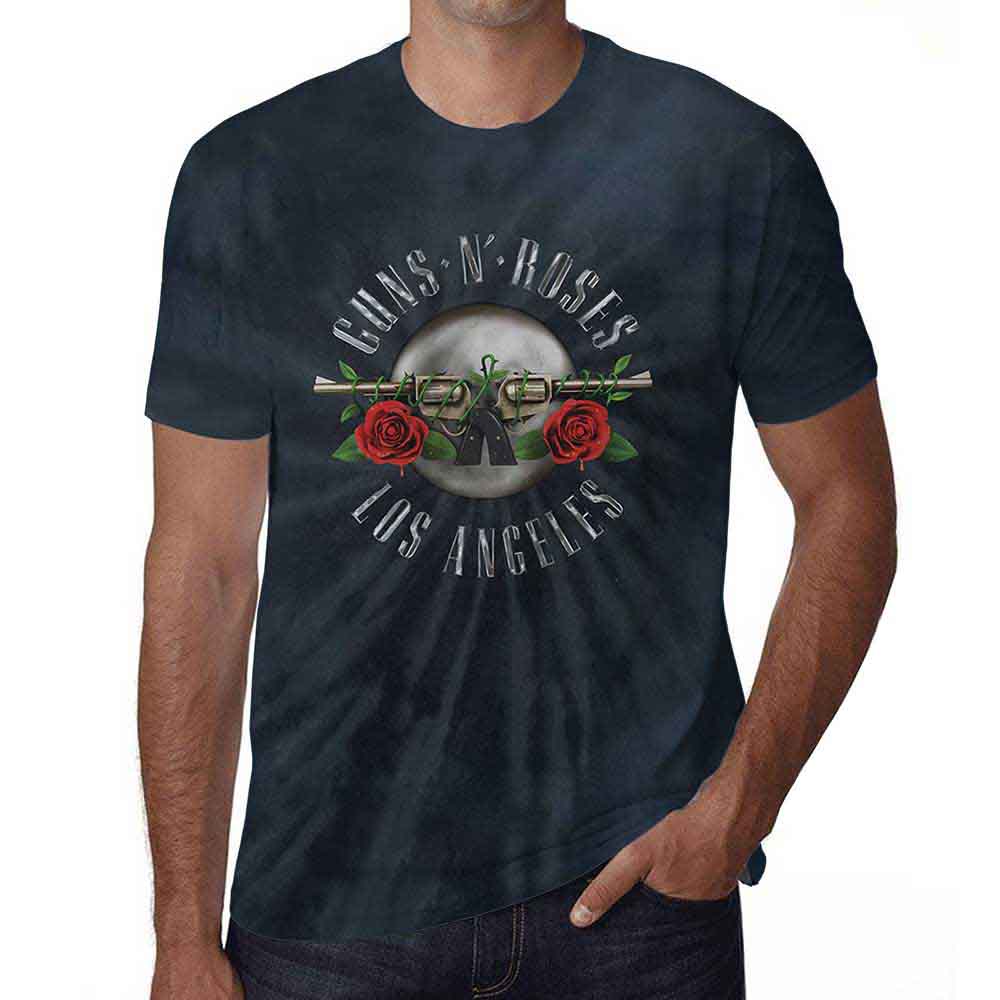 Black t-shirt with blue dip-dye and Guns N' Roses skull logo.