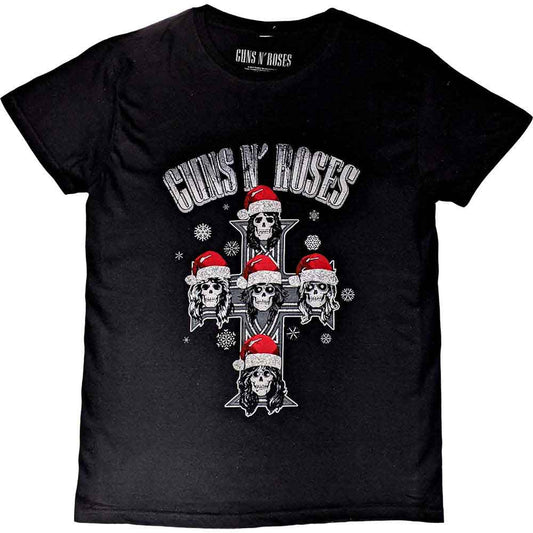 Black t-shirt with Guns N Roses Christmas skull logo design.