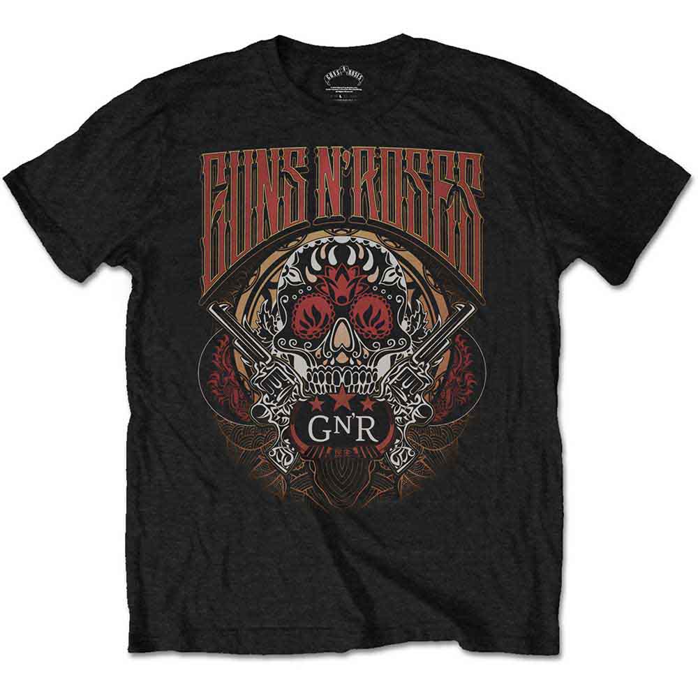 Black t-shirt with Guns N' Roses skull and crossed guns graphic.