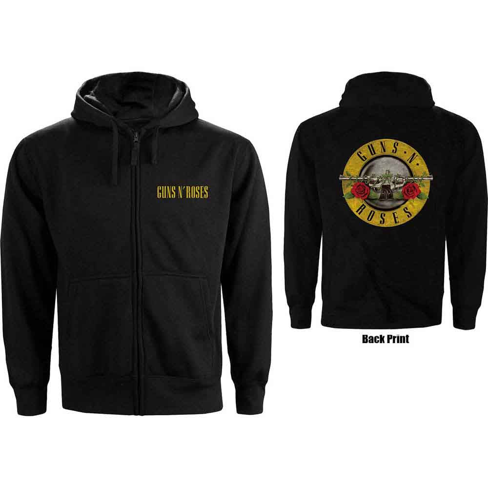 Black Guns N' Roses zip-up hoodie with logo on chest.