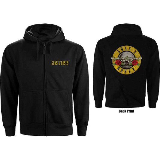 Black Guns N' Roses zip-up hoodie with logo on chest.