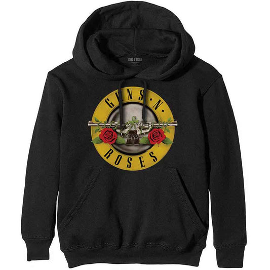 Dark-colored hoodie with large Guns N' Roses classic logo on the front.