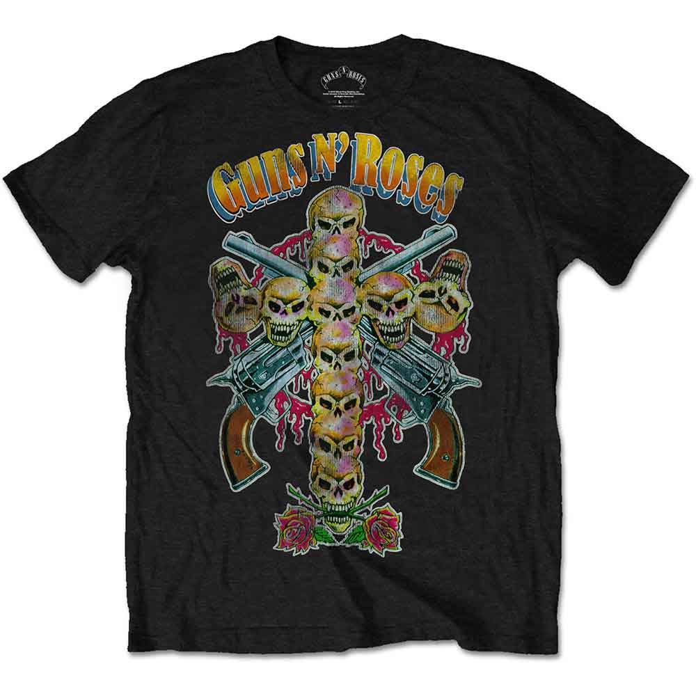 Black t-shirt with a colorful Guns N' Roses skull and crossbones graphic.