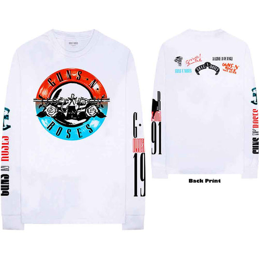 White long-sleeve Guns N' Roses t-shirt with band logo and graphics on sleeves.