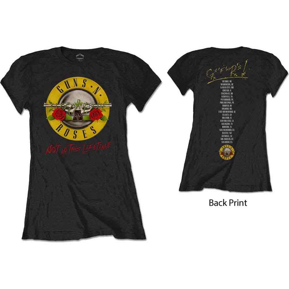 Black women’s t-shirt with Guns N’ Roses tour logo graphic.