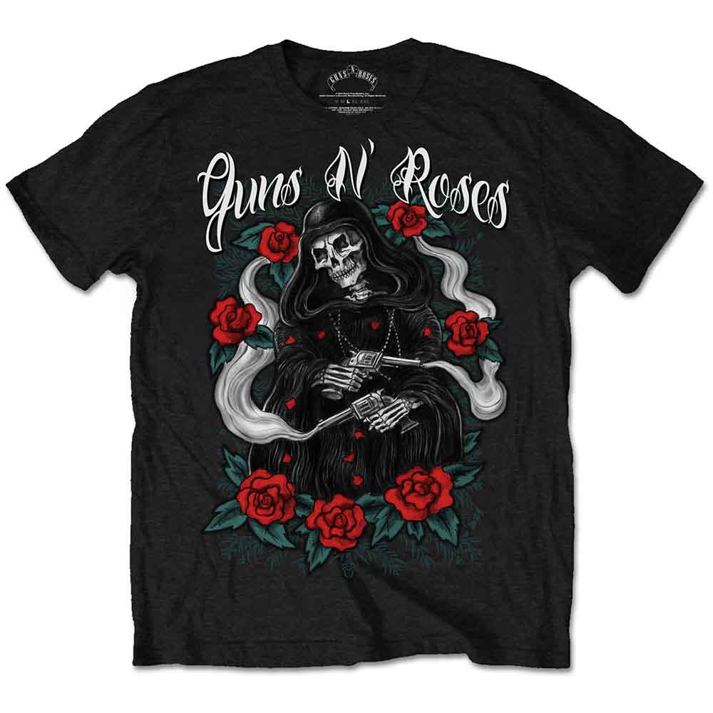 Black t-shirt with Guns N' Roses reaper graphic and red roses.