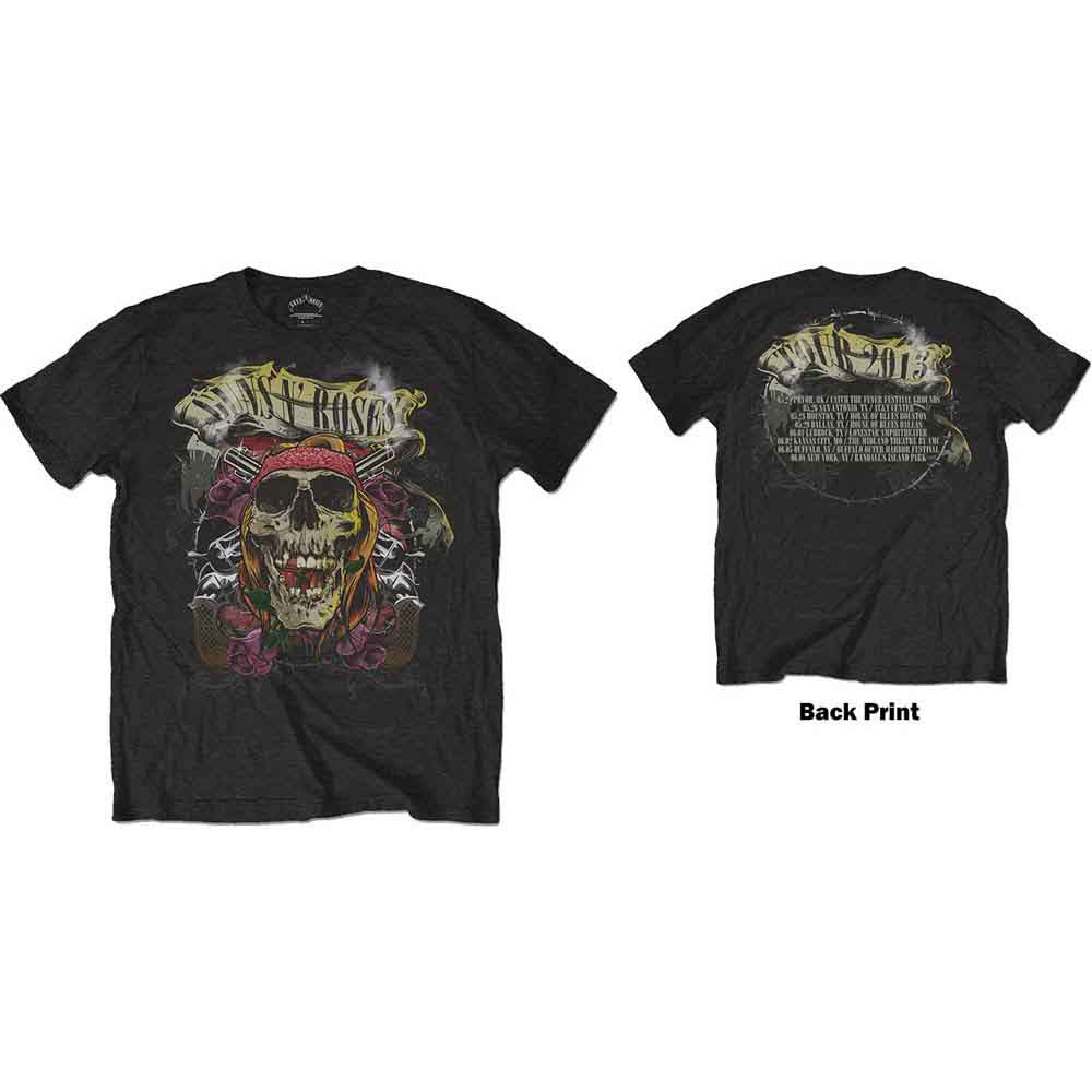 Black t-shirt with Guns N' Roses skull and roses graphic.