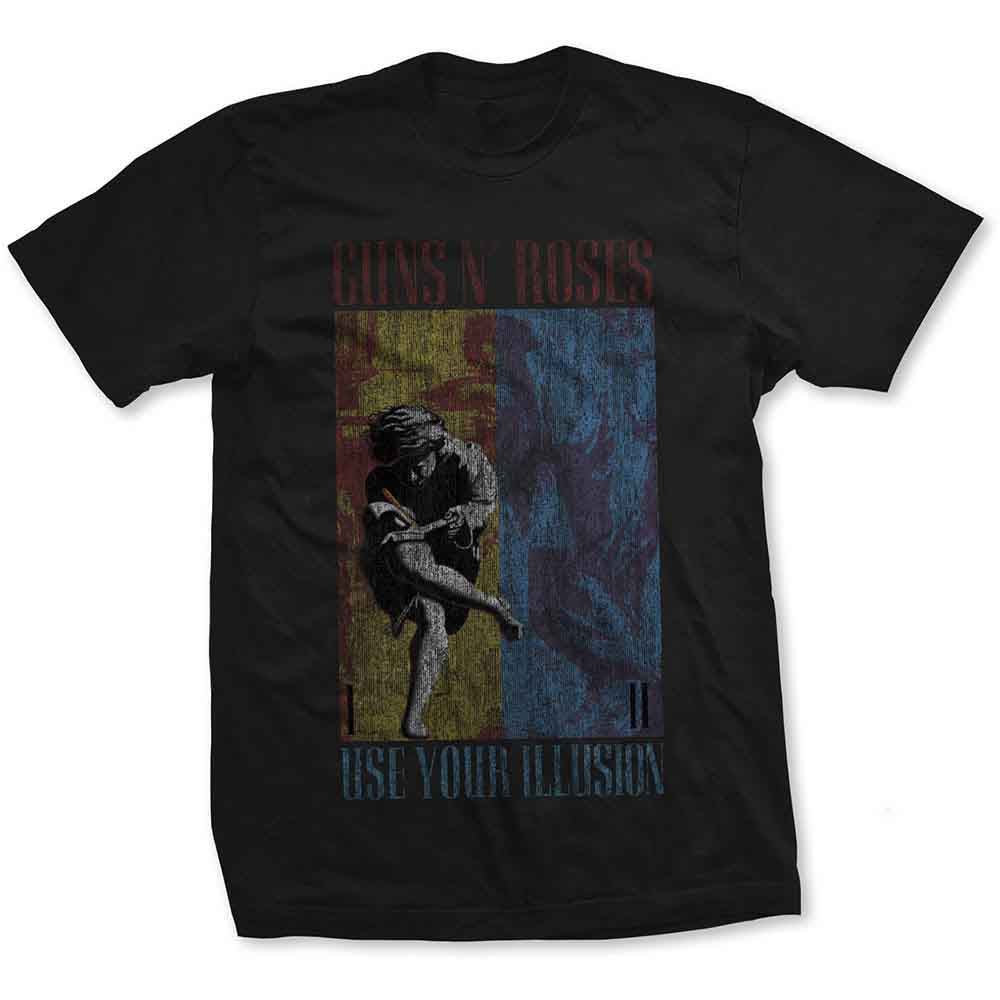 Black t-shirt with "Guns N Roses" and distressed image design.