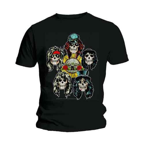 Black t-shirt with a colorful graphic of skull-like Guns N' Roses members.