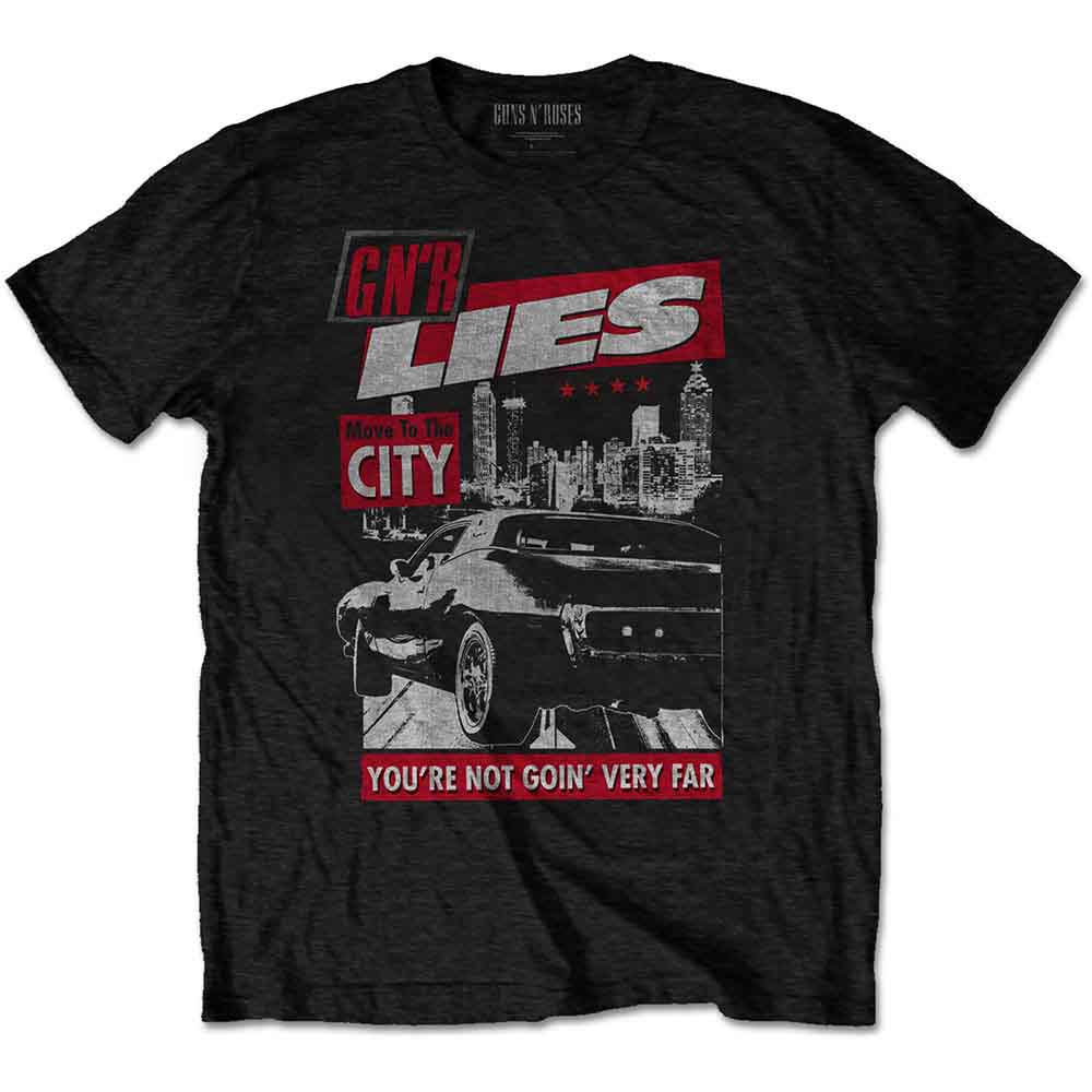 Black Guns N' Roses t-shirt with band logo and city skyline graphic.