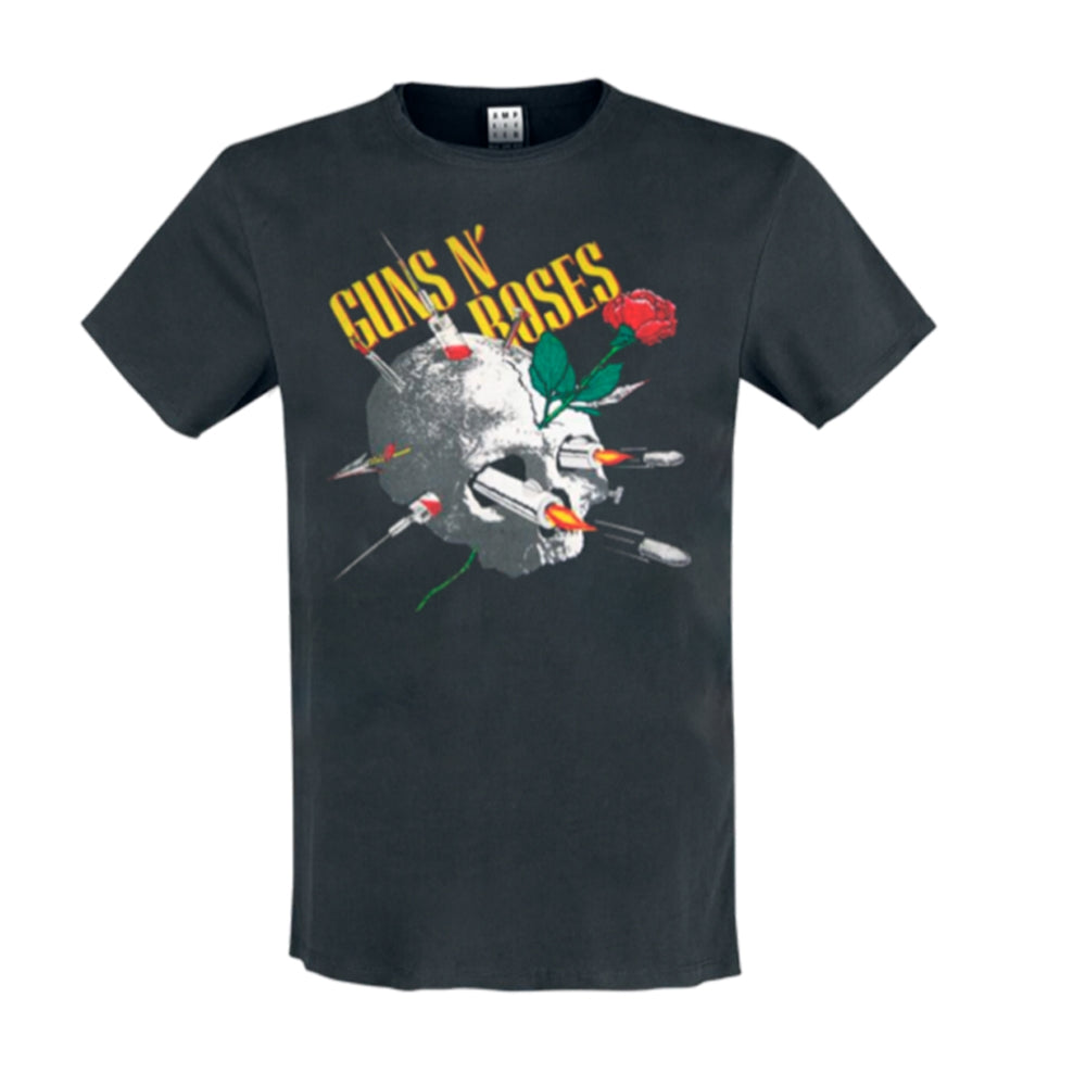 Black t-shirt with Guns N' Roses skull and roses graphic.