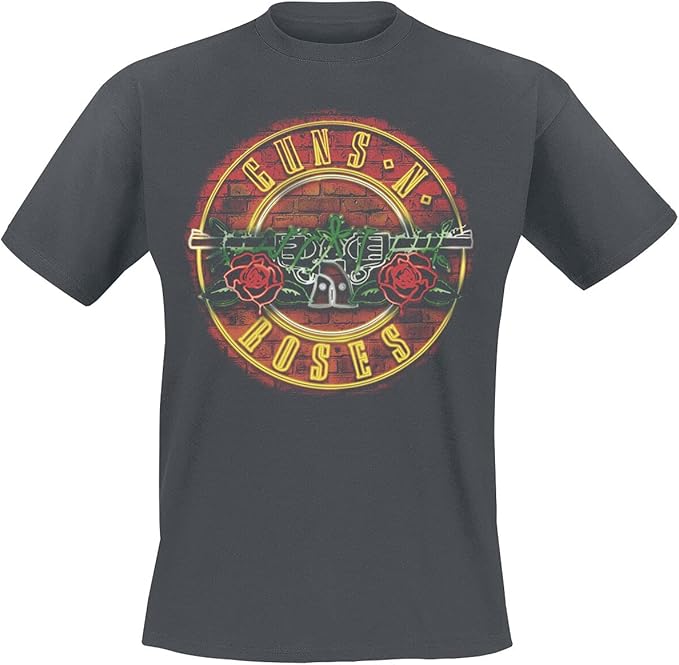 Charcoal t-shirt with a circular Guns N' Roses neon sign graphic.
