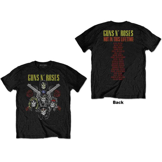 Black t-shirt with Guns N' Roses skull and rose graphic design.