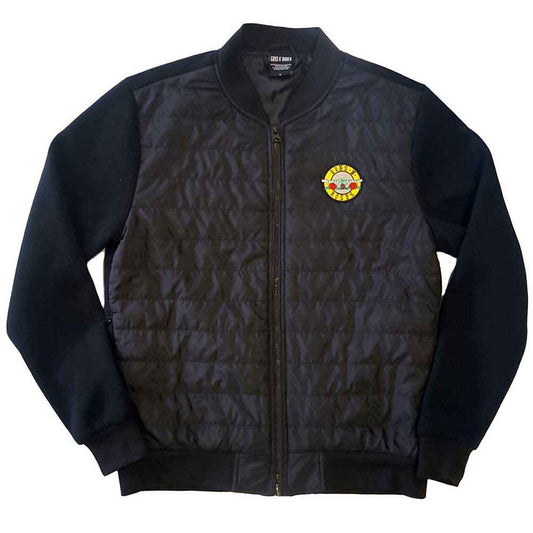 Black quilted jacket with Guns N' Roses logo, worn by a man.