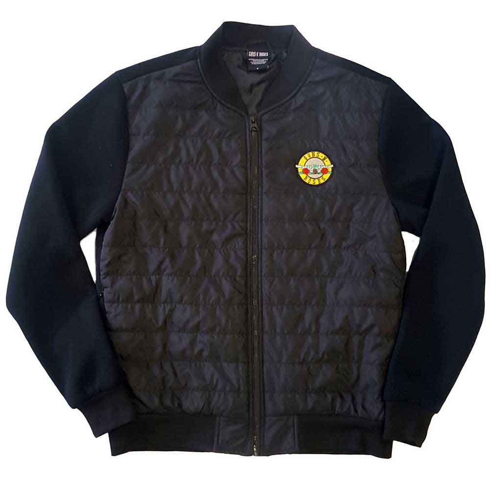 Black quilted jacket with Guns N' Roses logo, worn by a man.