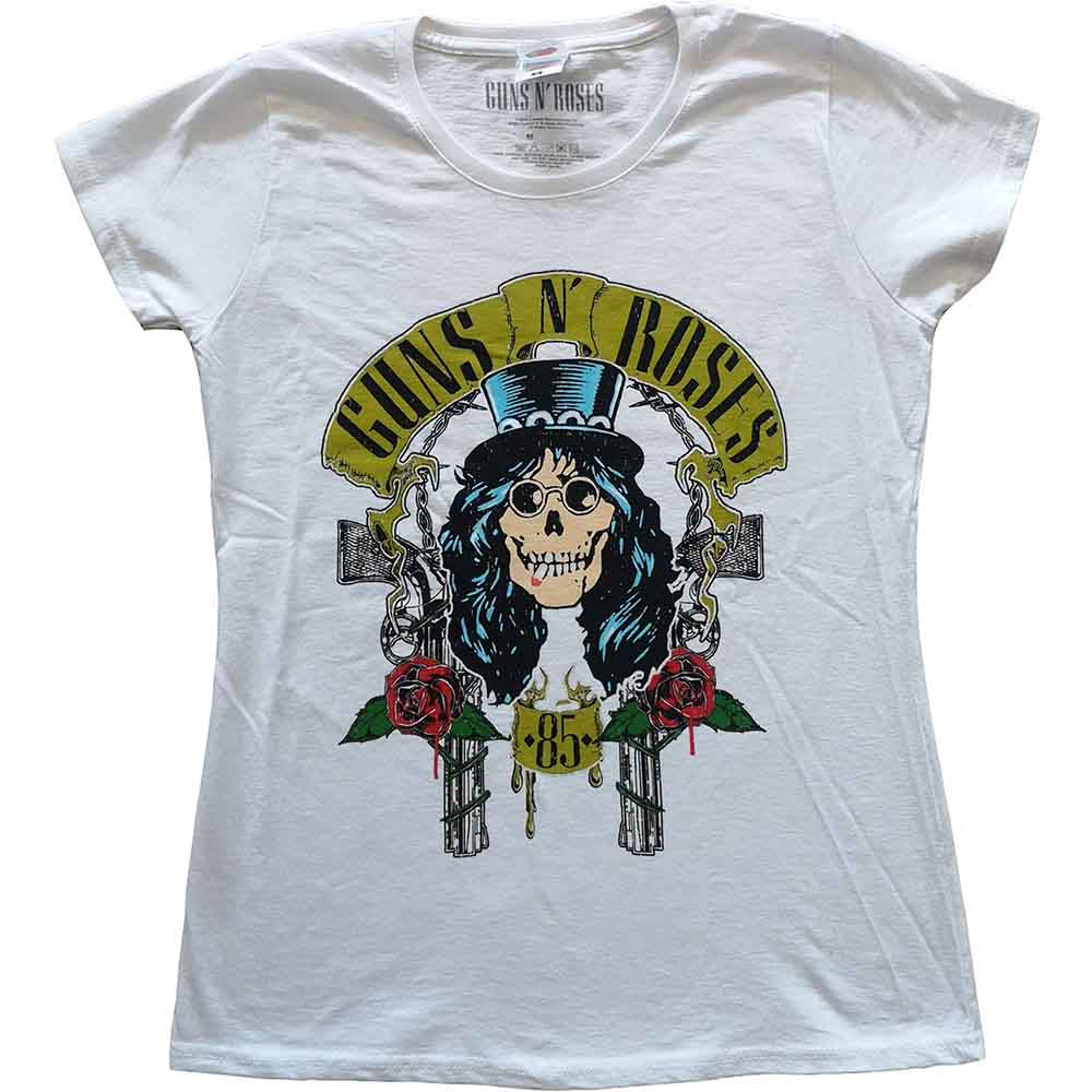 A woman wearing a white Guns N' Roses T-shirt with a Slash graphic.