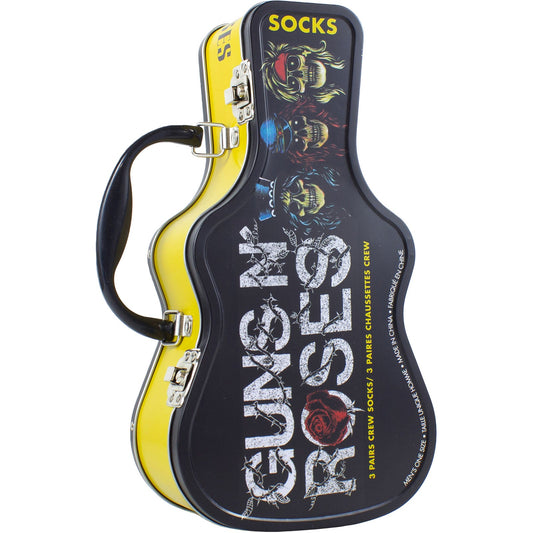 Three pairs of Guns N' Roses socks displayed next to a guitar-shaped storage tin.