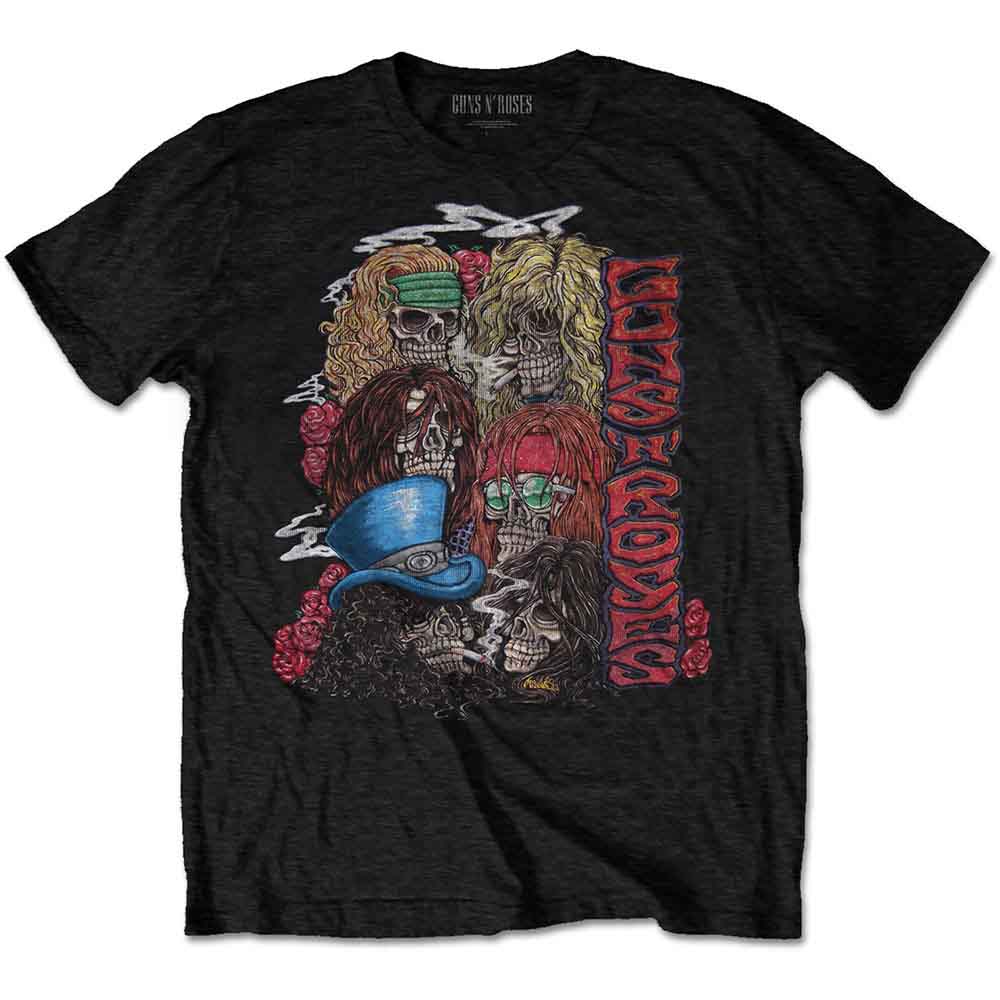 Black t-shirt featuring a Guns N' Roses graphic of stacked skulls and red roses.