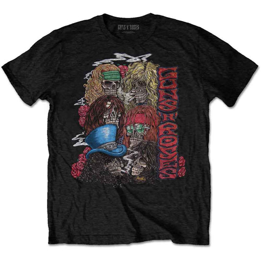Black t-shirt featuring a Guns N' Roses graphic of stacked skulls and red roses.
