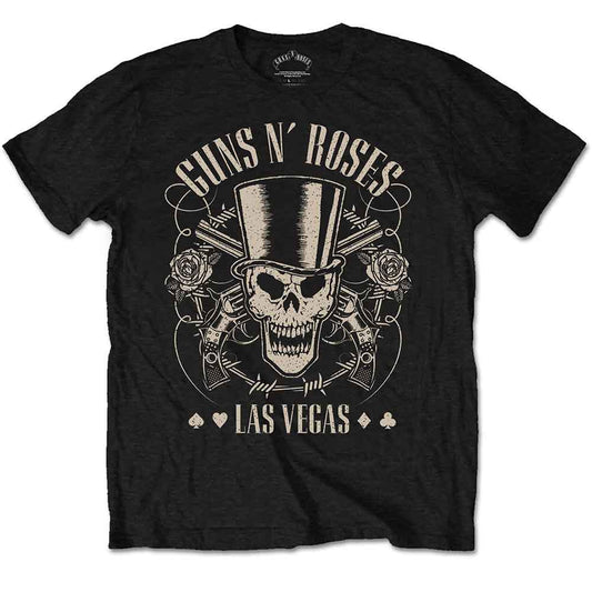 Black t-shirt featuring a Guns N' Roses skull, top hat, pistols, and Las Vegas text.