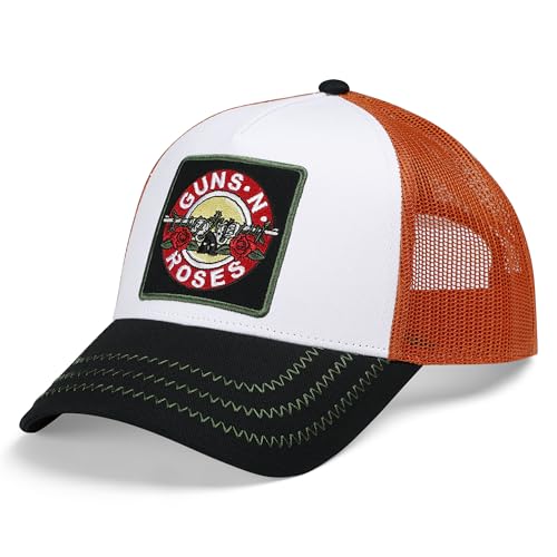 White and orange Guns N' Roses trucker cap with mesh back.